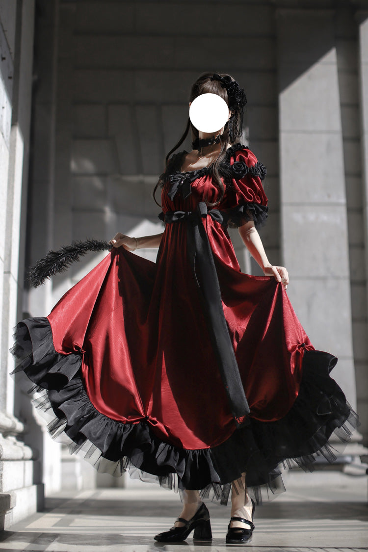 Red Square Collar Short Sleeves Ruffle Bowknot Sweet Regency-Style Vintage Lolita Dress