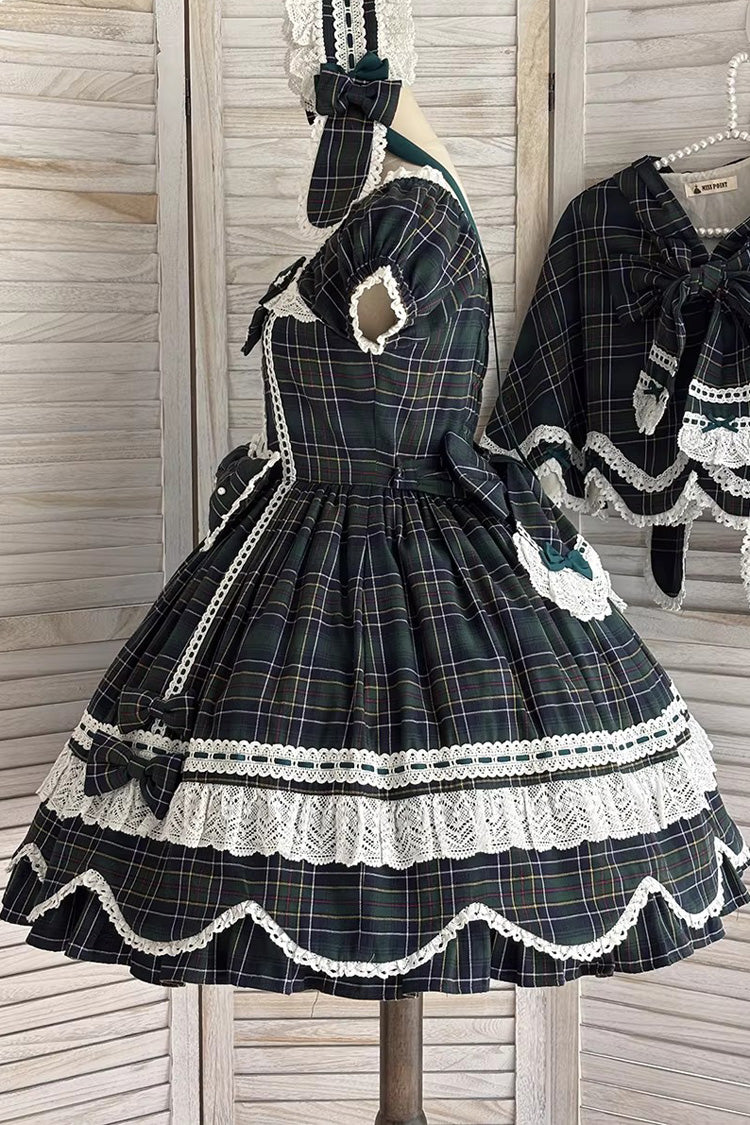 Green Gingham Petal Bunny Short Sleeves Printed Ruffled Bow Sweet Lolita OP Dress