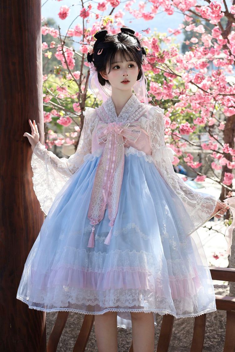 Peach Blossoms in Spring Fields Sleeveless Ruffle Bowknot Lace Sweet Chinese Style Lolita Jsk Dress 3 Colors