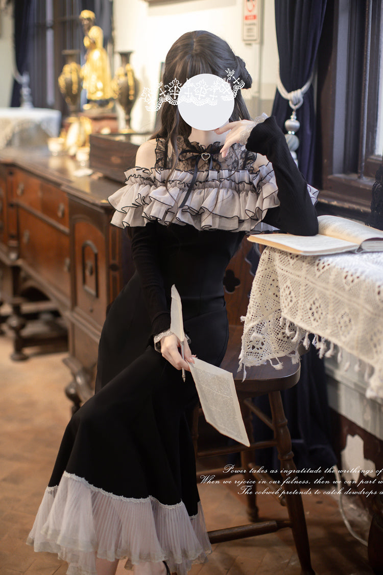 Black Night Cherry Blossoms Long Sleeves Ruffle Bowknot Daily Sweet Elegant Lolita Fishtail Dress