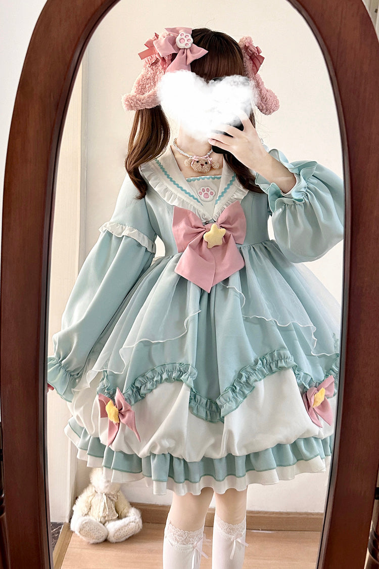 Pray Star Long Sleeves Double-Layered Ruffle Bowknot Stitching Lace Sweet Lolita Dress 5 Colors