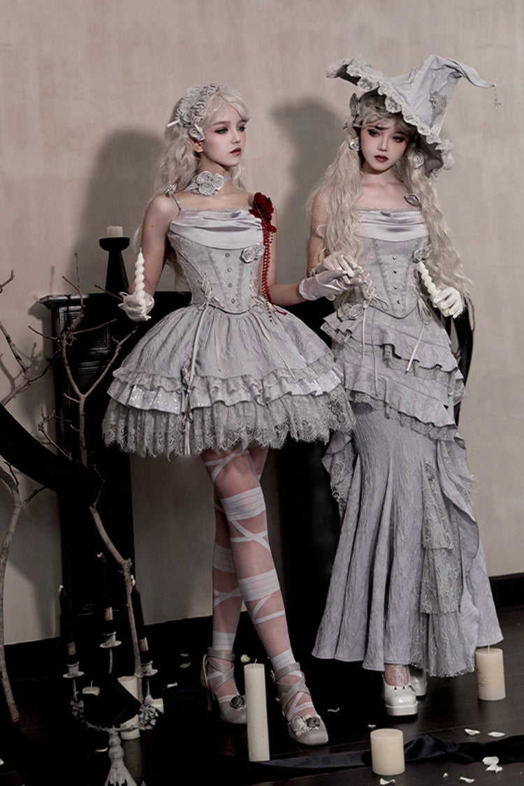 Silver Grey Twilight Multi-Layered Ruffle Hollow Lace Gothic Witch Lolita Skirt