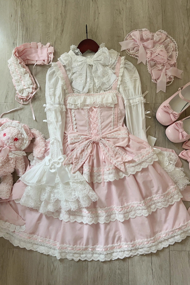 Pink Maiden Heart Triple-Layered Ruffle Bowknot Lace Sweet Lolita Jsk Dress