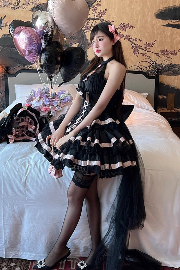 Black Ballet Dream Halterneck Triple-Layered Ruffle Bowknot Lace-Up Sweet Princess Lolita Dress