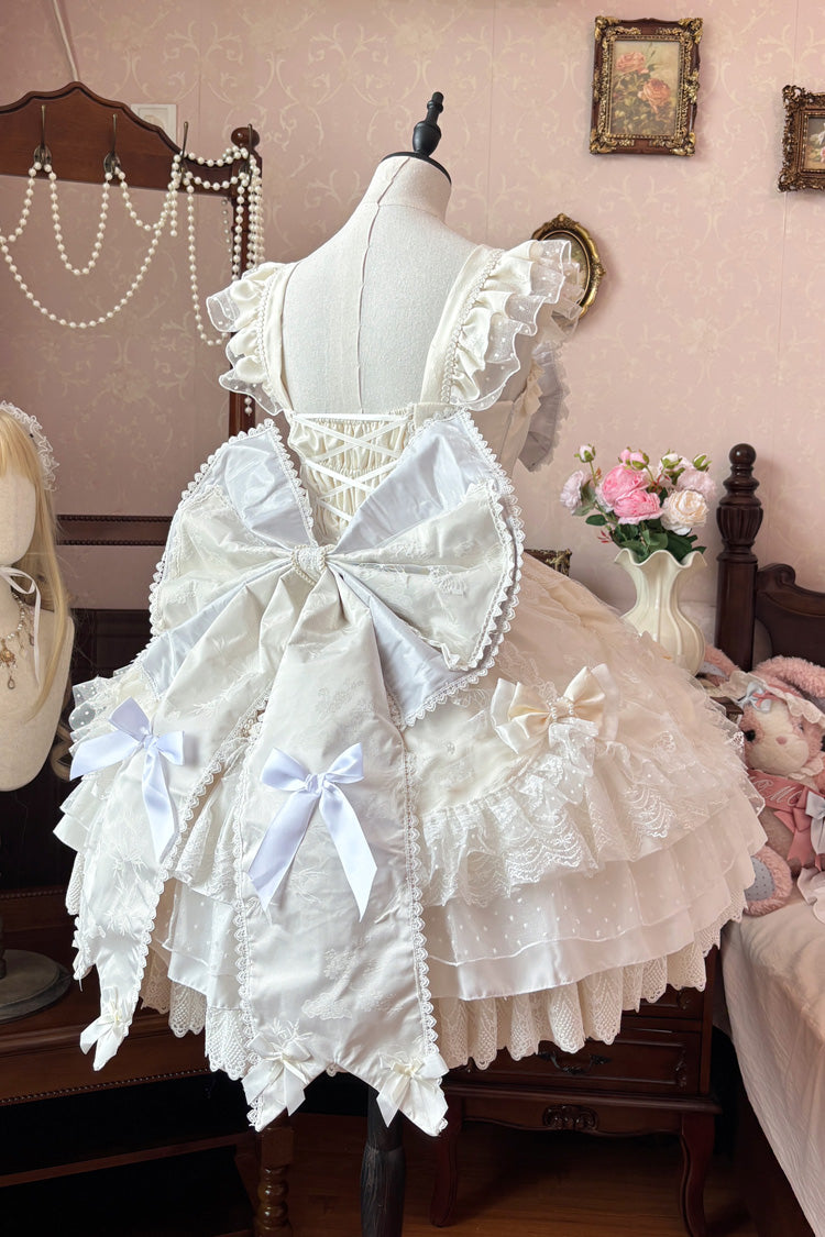 Ivory Sleeveless Triple-Layered Ruffle Embroidery Bowknot Lace-Up Pearl Sweet Plus Size Lolita Jsk Dress