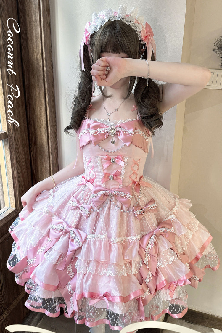 Pink Gem Love Sleeveless Triple-Layered Ruffle Bowknot Lace Sweet Ballet Lolita Jsk Dress