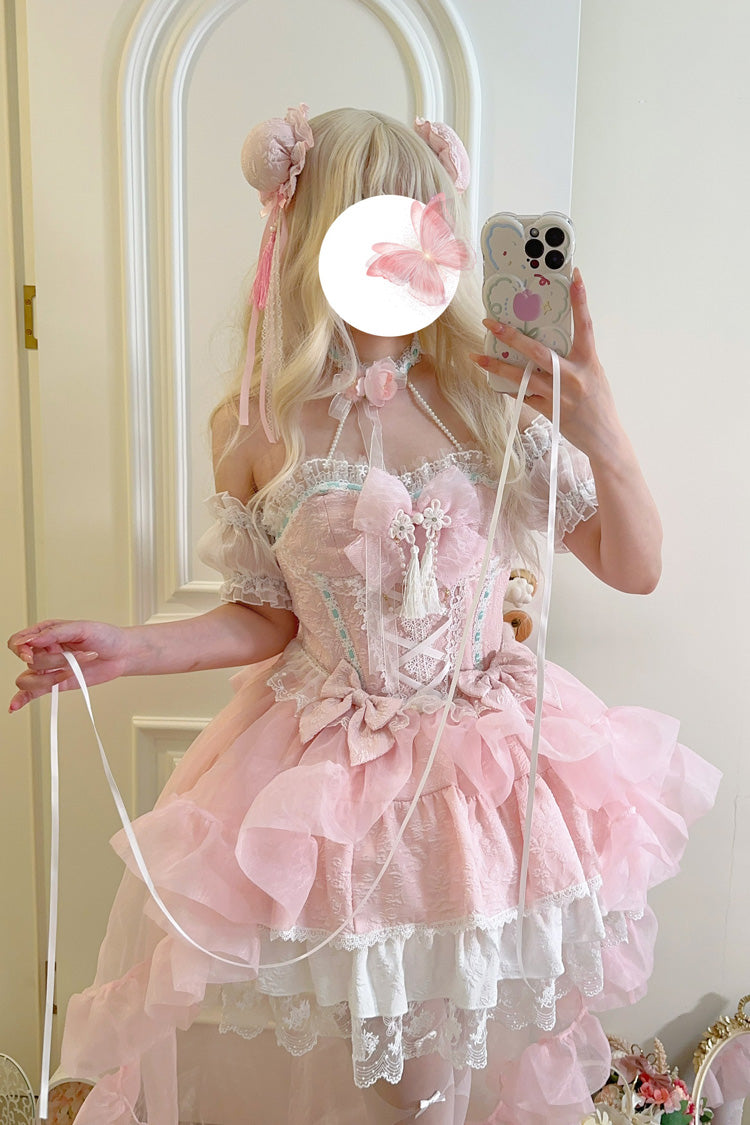 Pink Rain and Flowers Halterneck Jacquard Ruffle Bowknot Lace Sweet Lolita Jsk Dress