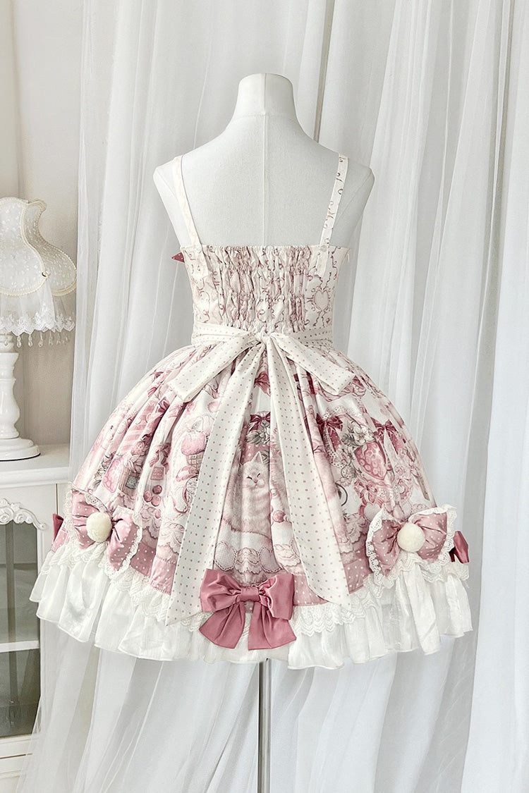 Pink Sweet Dessert Cat Print Ruffle Bowknot Lace Sweet Princess Lolita Dress Set
