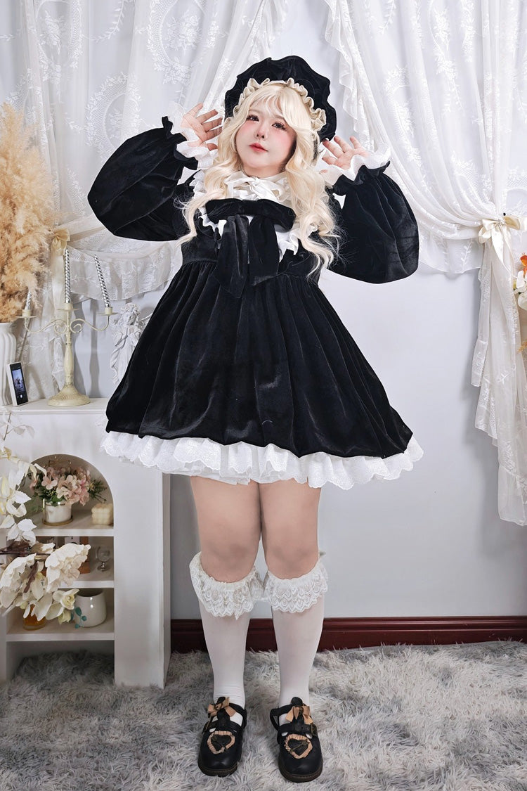 Black Antique Velvet Doll Stand Collar Long Sleeves Ruffled Bow Gothic Plus Size Lolita Dress