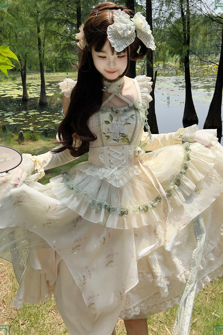 Apricot Print Ruffle Embroidery Bowknot Lace Sweet Chinese Style Lolita Jsk Dress Full Set