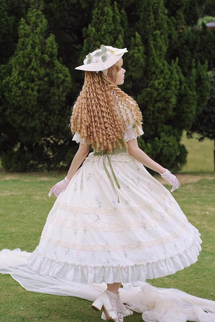 White/Green Letters and Poems to Austen Short Sleeves Print Hollow Lace Sweet Elegant Lolita Dress
