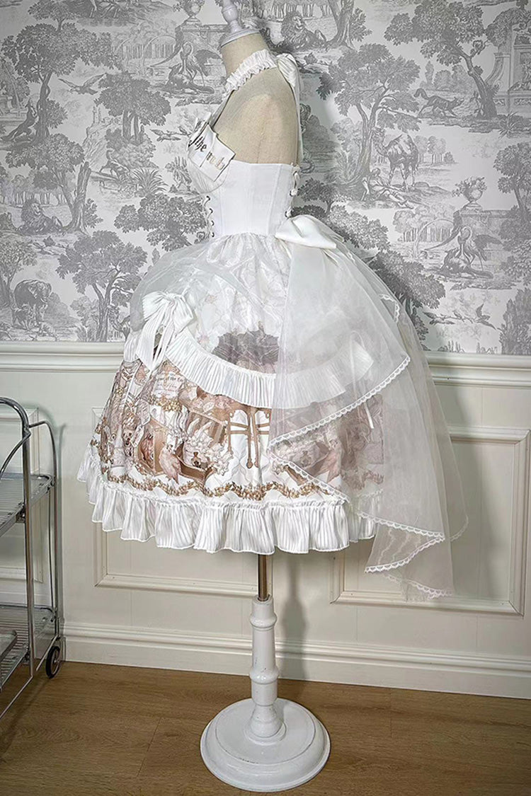 White The Mystery of The Doll Halterneck Print Ruffle Bowknot Drawstring Gothic Lolita Dress