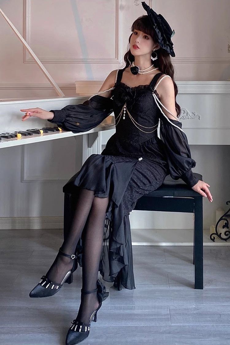 Black Camellia 1.0 Sleeveless Jacquard Ruffle Lace Gothic Chinese Style Lolita Jsk Fishtail Dress