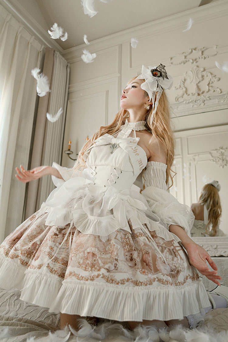 White The Mystery of The Doll Halterneck Print Ruffle Bowknot Drawstring Gothic Lolita Dress
