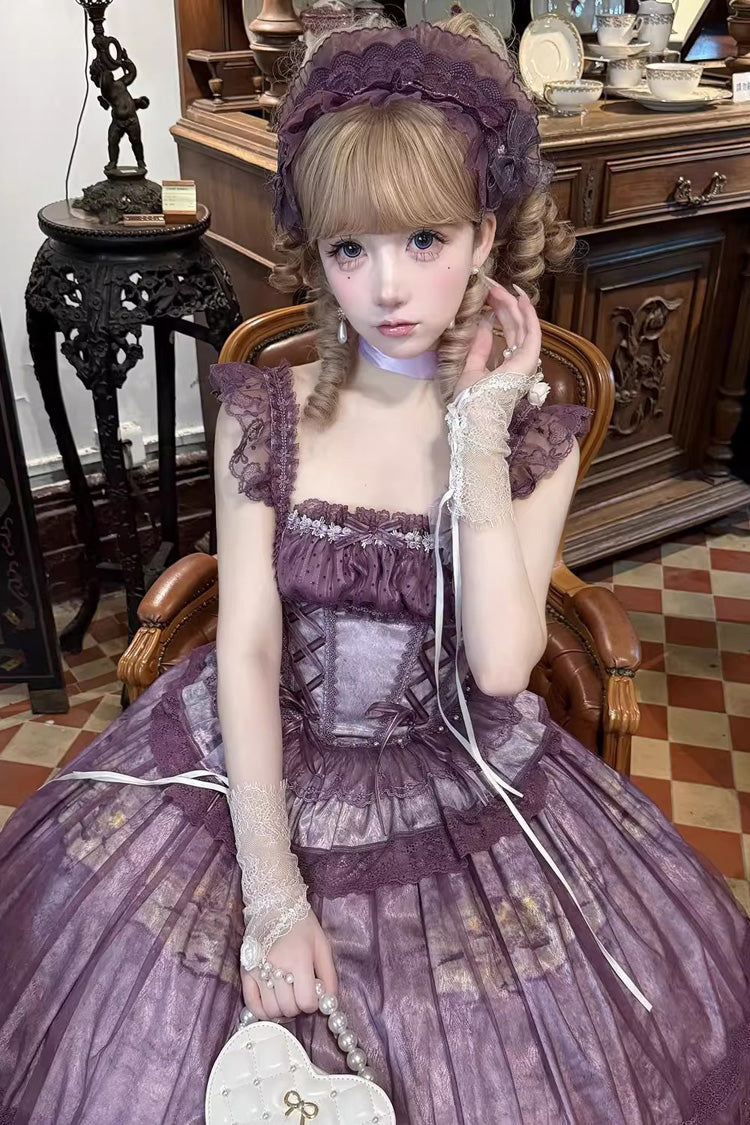 Purple Mist-shrouded Vineyard Sleeveless Ruffle Bowknot Lace-Up Sweet Lolita Jsk Skirt Dress Set