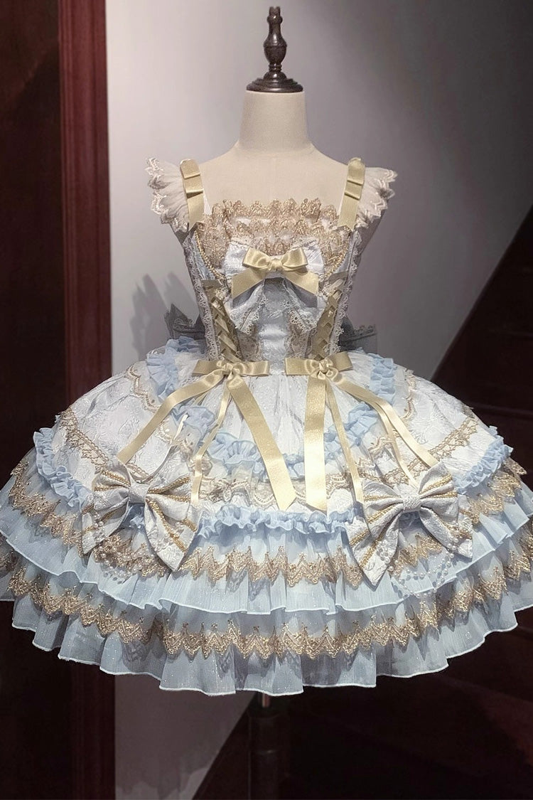 White Gilded Memories Sleeveless Double-Layered Ruffle Hot Stamping Bowknot Lace Sweet Lolita Jsk Dress