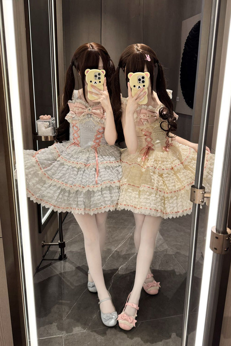 Blue Song of Floral Letters Sleeveless Triple-Layered Bowknot Lace-Up Sweet Lolita Jsk Dress