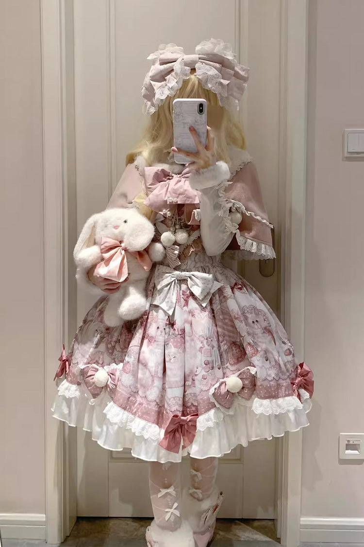 Pink Cat Dessert House Print Ruffle Bowknot Sweet Lolita Jsk Dress Set
