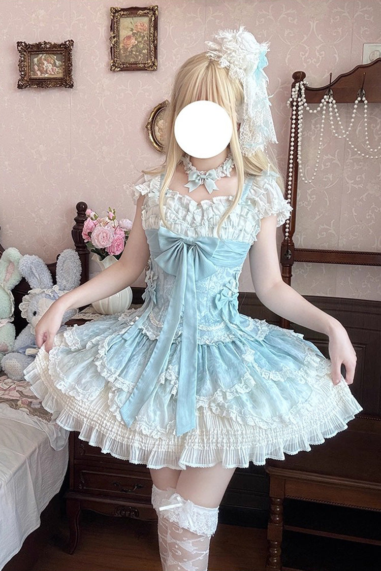 Green Floral Dream Short Sleeves Multi-Layered Ruffle Embroidery Bowknot Lace-Up Sweet Elegant Ballet Lolita Jsk Dress