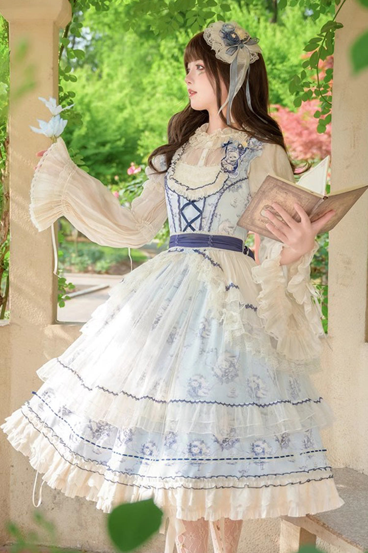 Blue Swing Cat Print Ruffle Bowknot Lace Sweet Elegant Lolita Jsk Dress