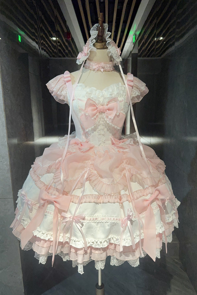 White/Pink Sleeveless Triple-Layered Ruffled Bow Lace Sweet Princess Ballet Lolita Jsk Dress
