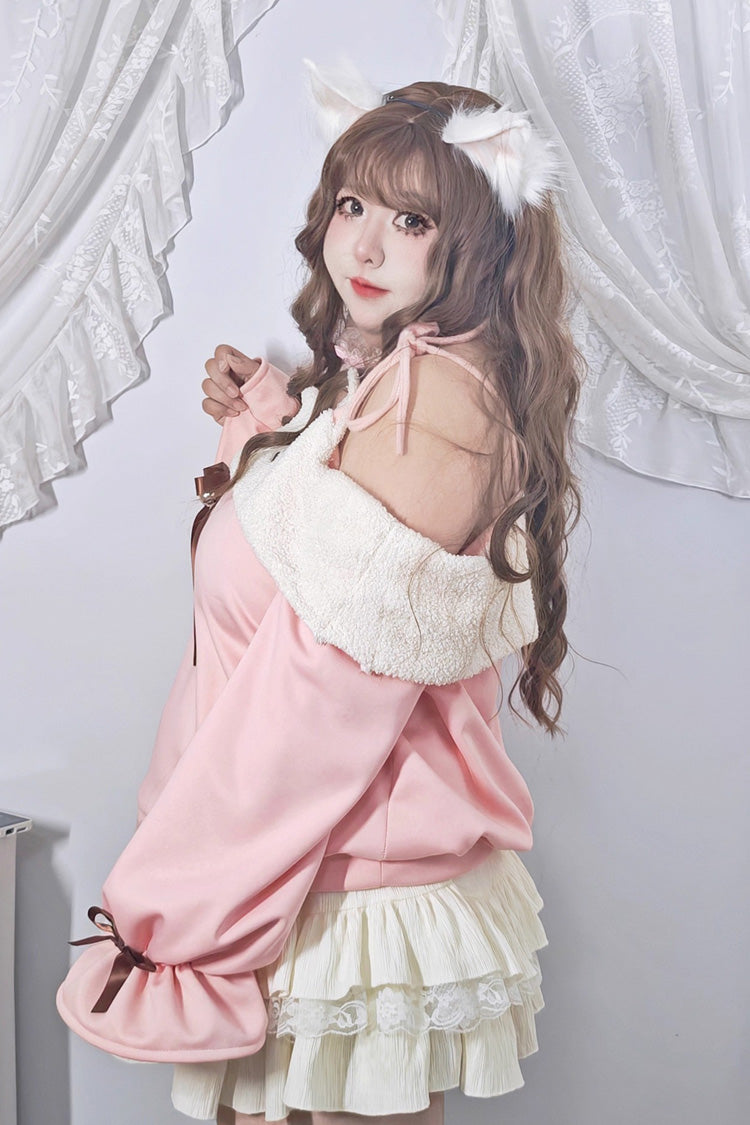 Pink/Beige Kitten Plus Size Boat Neck Long Lantern Sleeves Multi-Layered Ruffle Lace Sweet Lolita Skirt Set