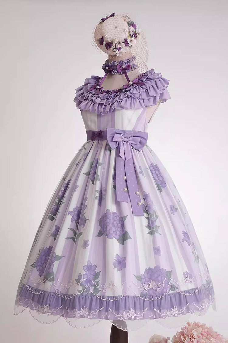 Purple Endless Summer Round Collar Sleeveless Hime Sleeves Printed Ruffled Bow Lace Sweet Lolita Dress