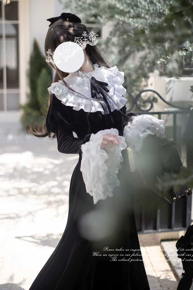 Black Raven-Feather Poetic Letter Velvet Long Hime Sleeves Ruffle Bowknot Gothic Elegant Lolita Fishtail Dress