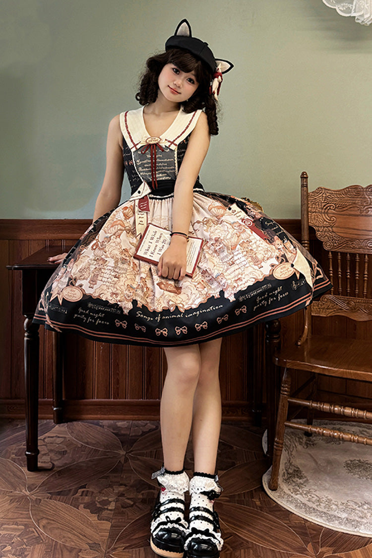 Black Fox Band Print Square Collar Bowknot Classic Lolita Jumper Dress