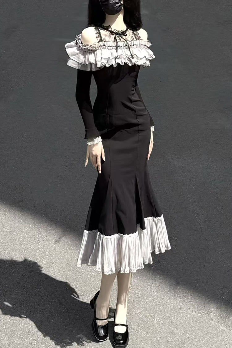 Black Night Cherry Blossoms Long Sleeves Ruffle Bowknot Daily Sweet Elegant Lolita Fishtail Dress