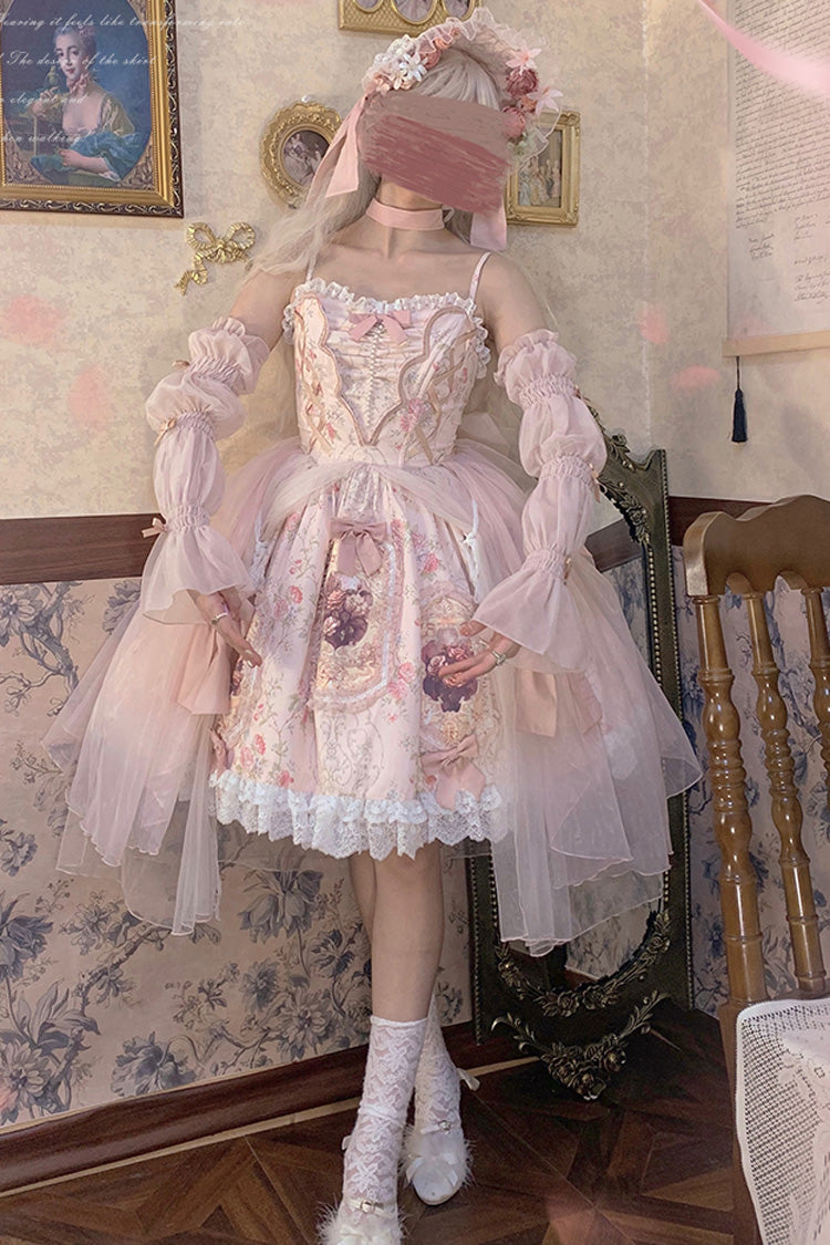 Pink Rose Window Print Ruffle Bowknot Lace Sweet Elegant Princess Lolita Jsk Dress