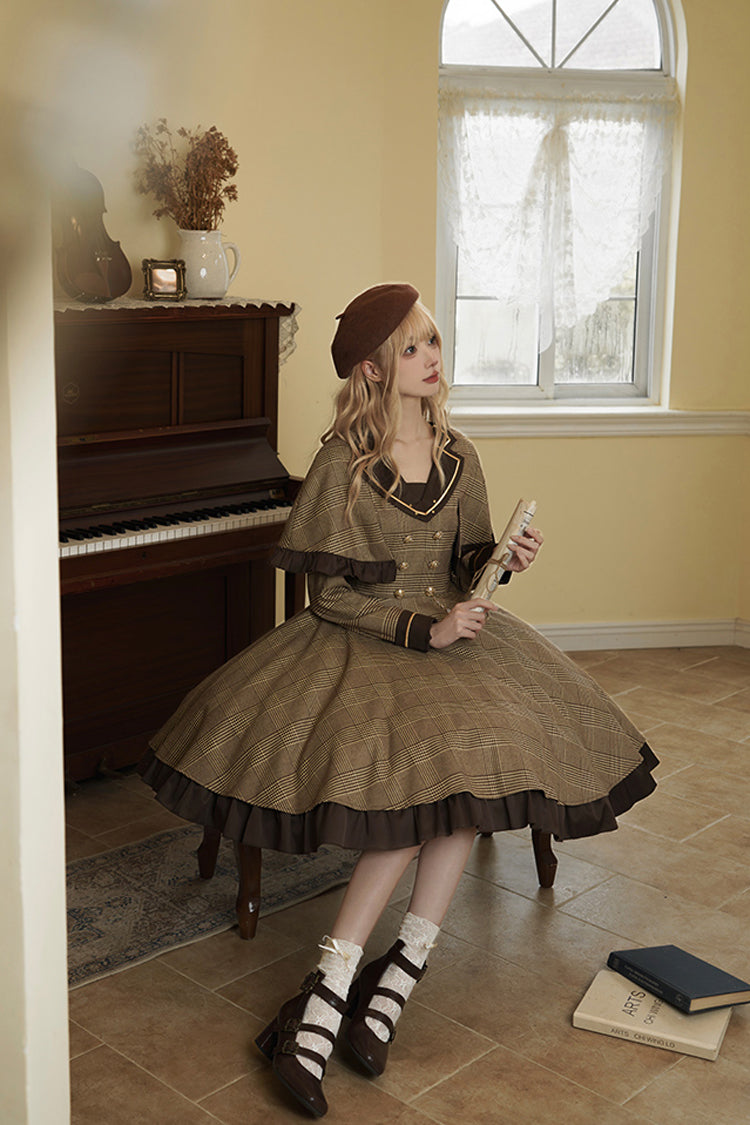 Brown Baker Street Stories Stripe Print Ruffle Fake Two Pieces British College Style Classic Lolita Dress