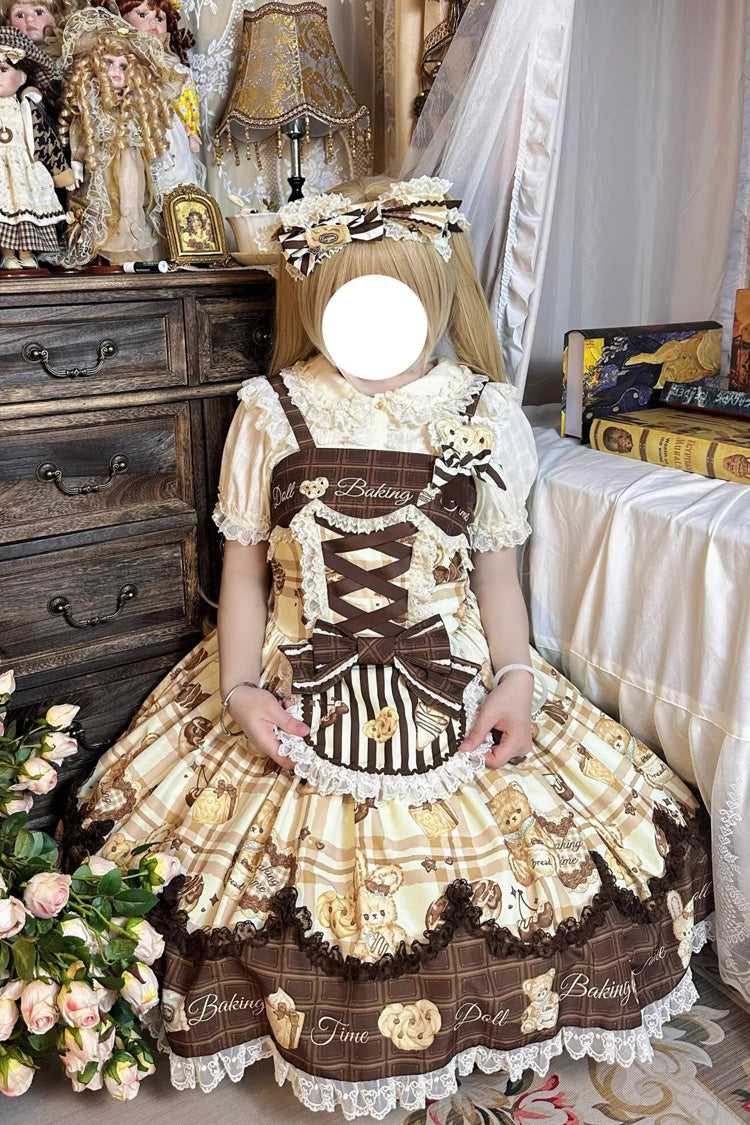 Doll Tea Party Sleeveless Print Ruffle Bowknot Lace-Up Sweet Lolita Jsk Dress 3 Colors