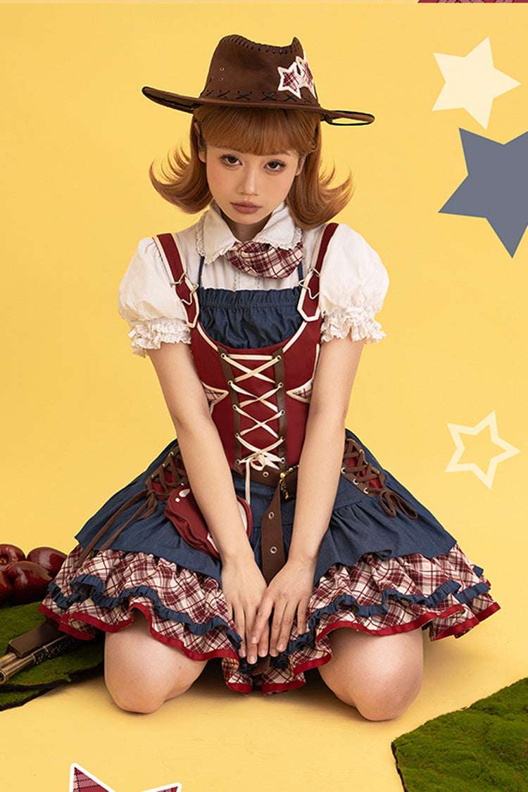 Red/Blue Apple Trap Triple-Layered Print Ruffle Lace-Up Sweet Lolita Jsk Dress Two-piece Set
