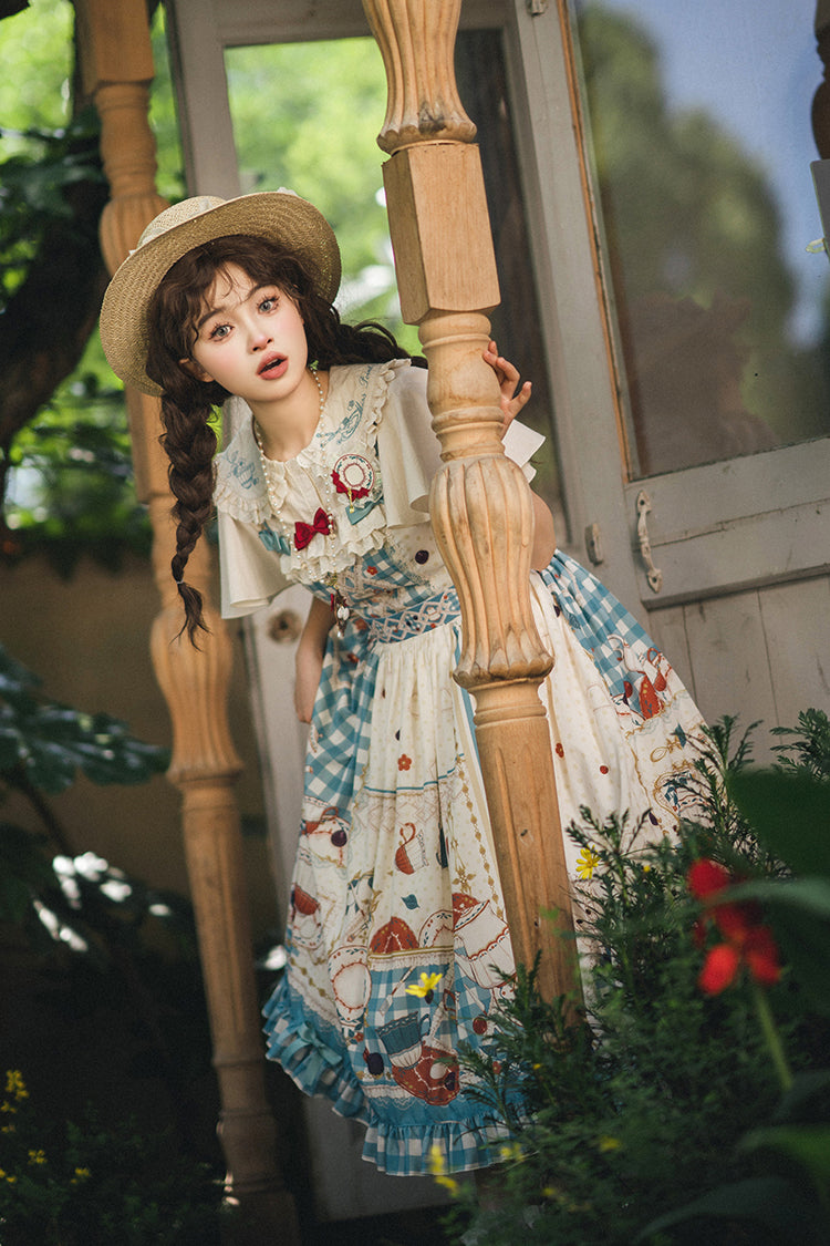 Blue/Green Tea Party Print Ruffle Bowknot Lace Sweet Elegant Lolita Jsk Dress