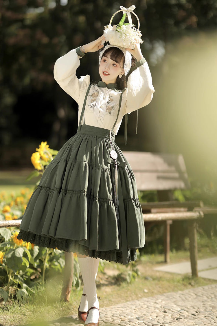White/Green Country Style Midsummer Sunflower Sweet Lolita Skirt Two-Piece Set