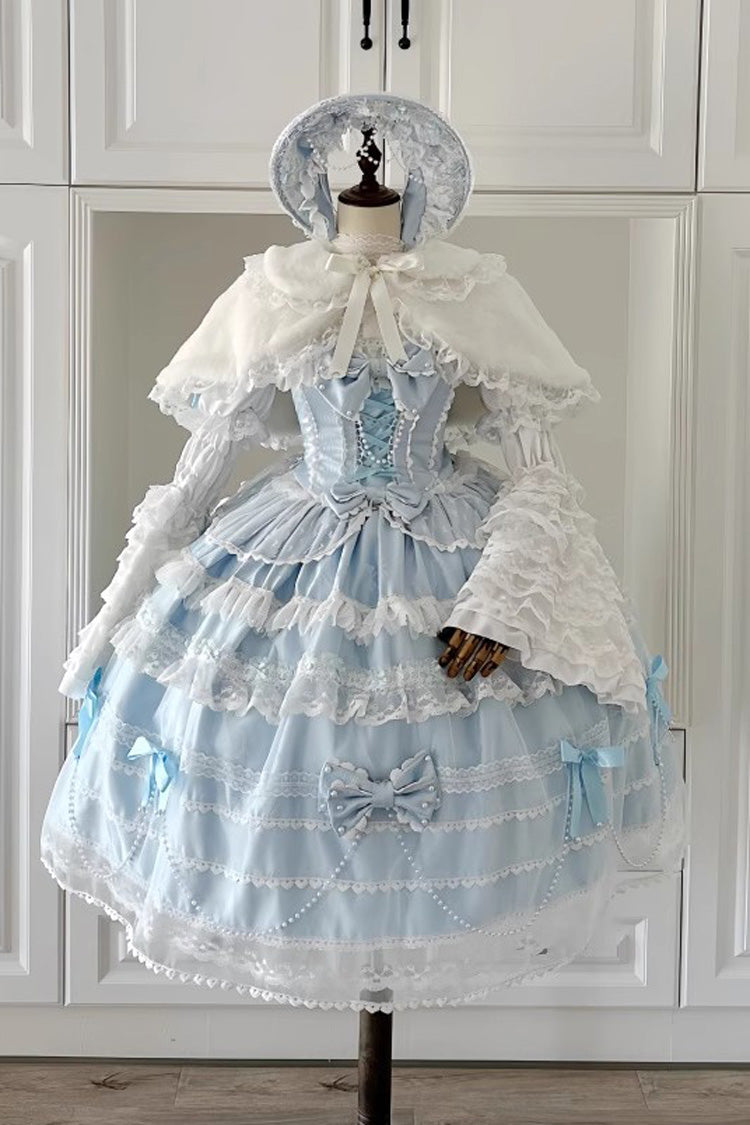 Showa Girl Sleeveless Triple-Layered Ruffle Bowknot Lace Pearl Sweet Japanese Lolita Jsk Long Dress 2 Colors