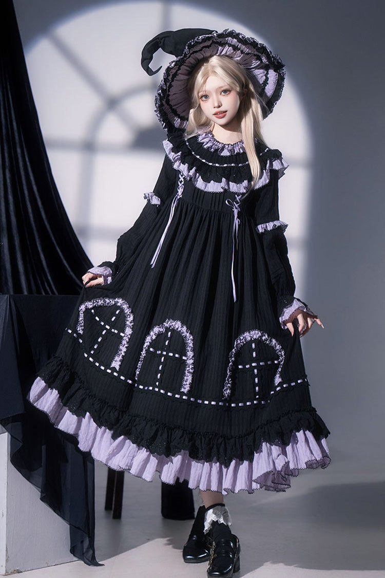 Black Twin Lilian Round Collar Long Sleeves Double-Layered Ruffled Bow Lace-Up Gothic Lolita Dress