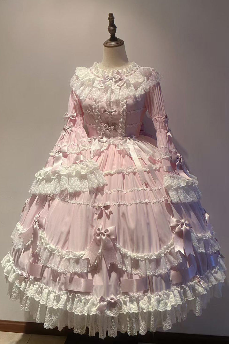 Pink Round Collar Long Trumpet Sleeves Hanayome Bowknot Lace Daily Sweet Elegant Princess Lolita Dress