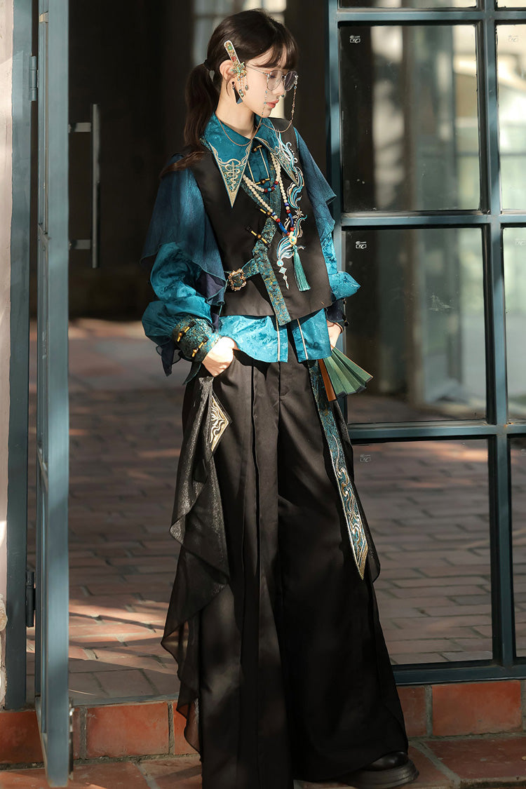 Black/Green Round Collar Long Sleeves Ruffle Embroidery Chinese Style Vintage Handsome Ouji Lolita Set