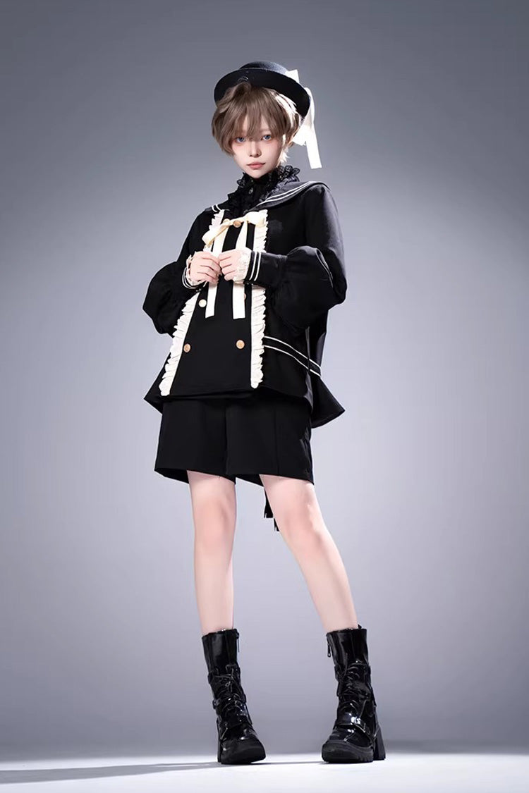 Black City of Mist Navy Collar Long Sleeves Gothic College Style Prince Ouji Lolita Shorts Coat Set