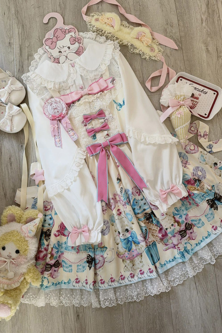 Yellow Floral Whisper Bear Print Ruffle Bowknot Lace Sweet Princess Lolita Jsk Dress
