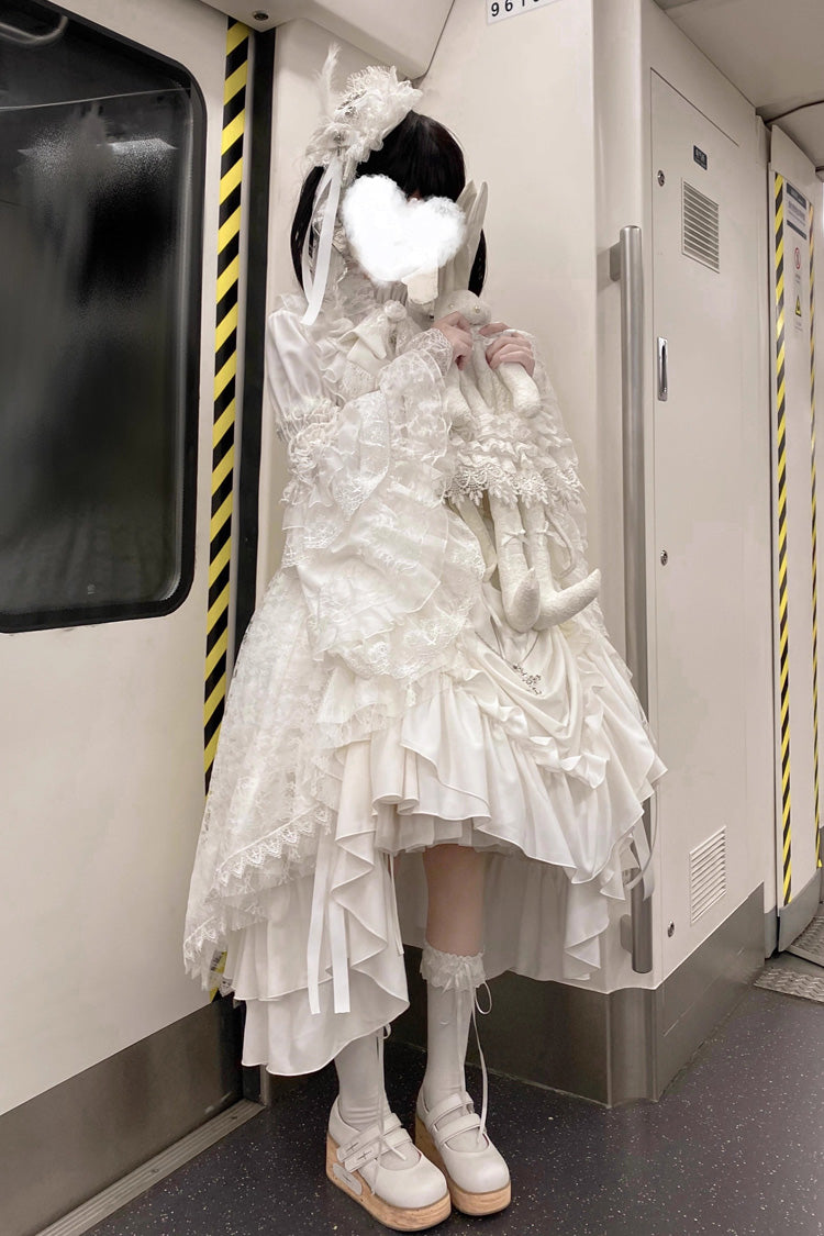White Eternal Taboo Long Hime Sleeves Ruffled Bow Gothic Lolita Skirt Dress Set