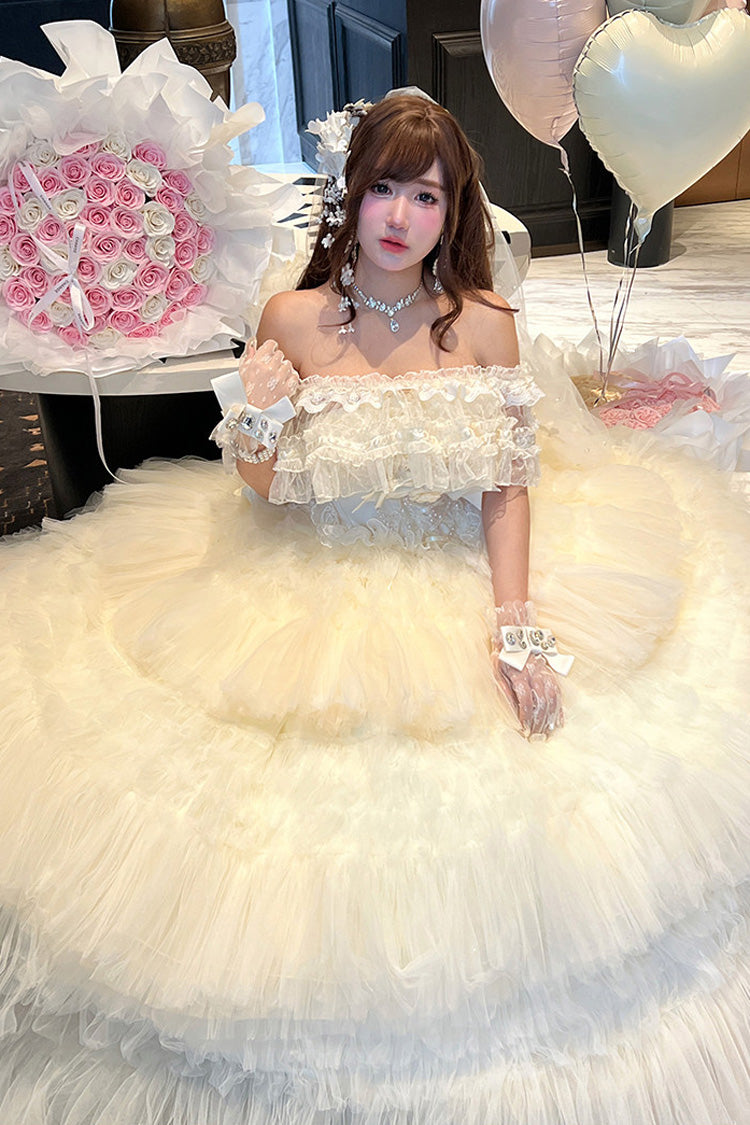 White Maiden's Love Off Shoulder Triple-Layered Ruffled Hanayome Bow Lace Sweet Princess Lolita Dress