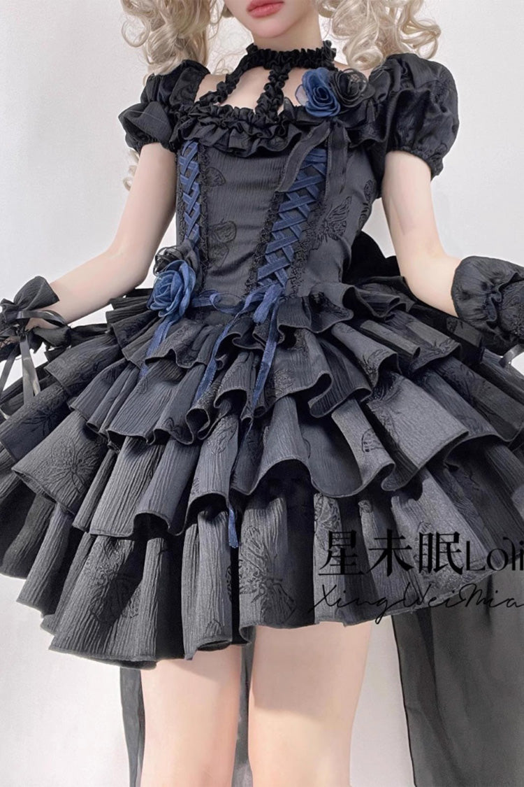 Black Halterneck Short Sleeves Multi-Layered Ruffle Bowknot Lace-Up Fishbone Gothic Lolita Dress