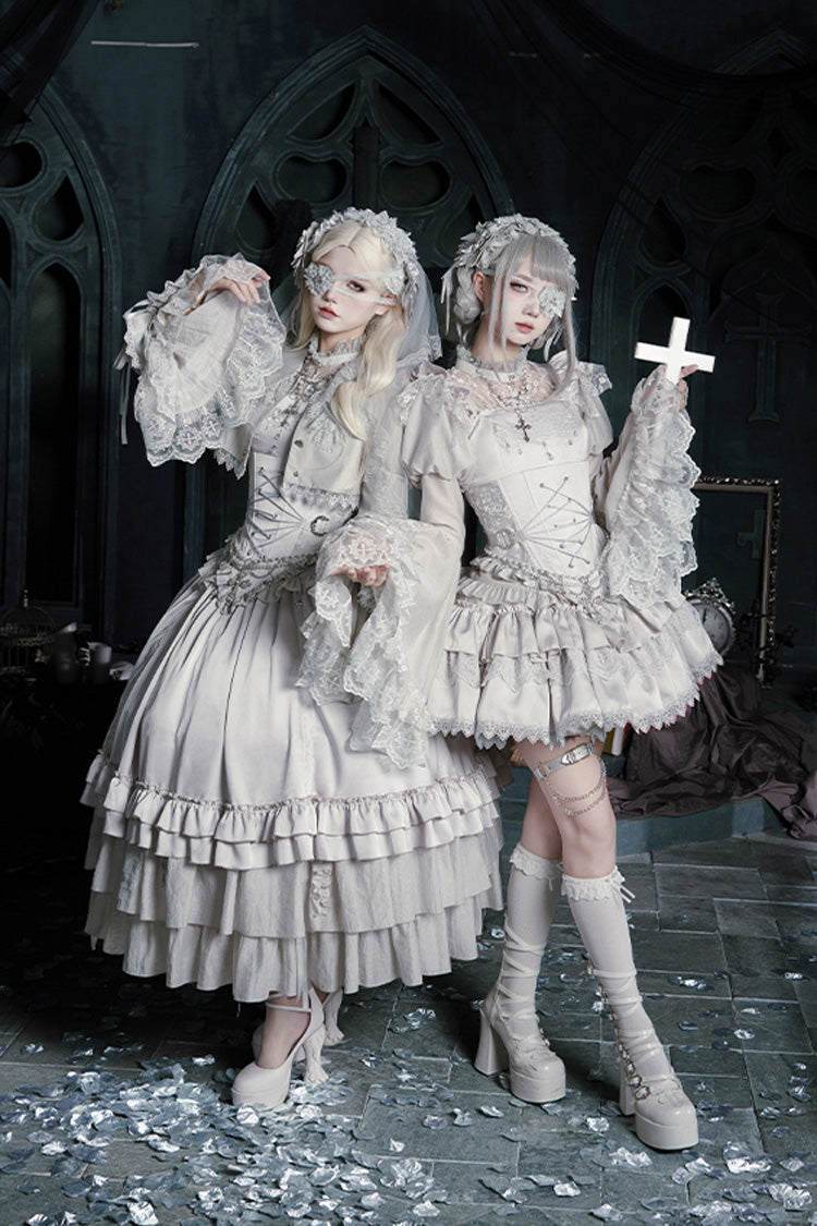 Solid Color Bionic Doll Square Collar Multi-Layered Ruffle Bowknot Lace-Up Gothic Lolita Long Skirt Corset Set