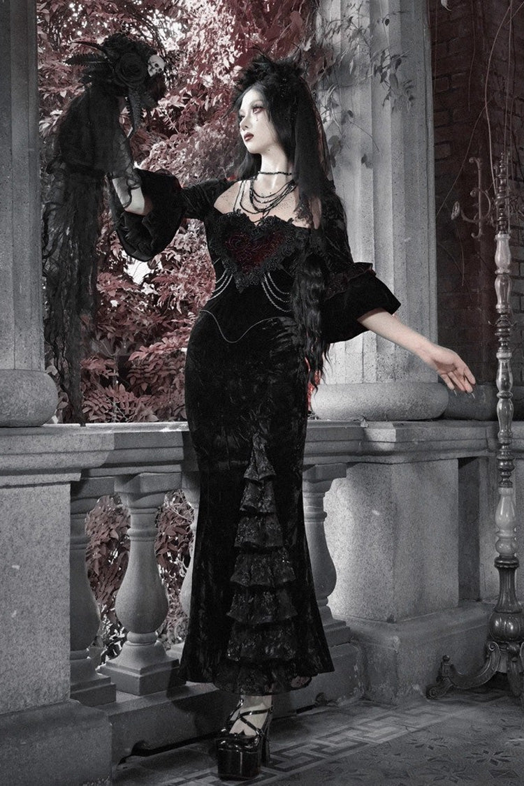 Black Castle of Dark Romance Square Collar Short Sleeves Multi-Layered Ruffled Embroidered Open-Front Lace Gothic Lolita Mermaid Dress
