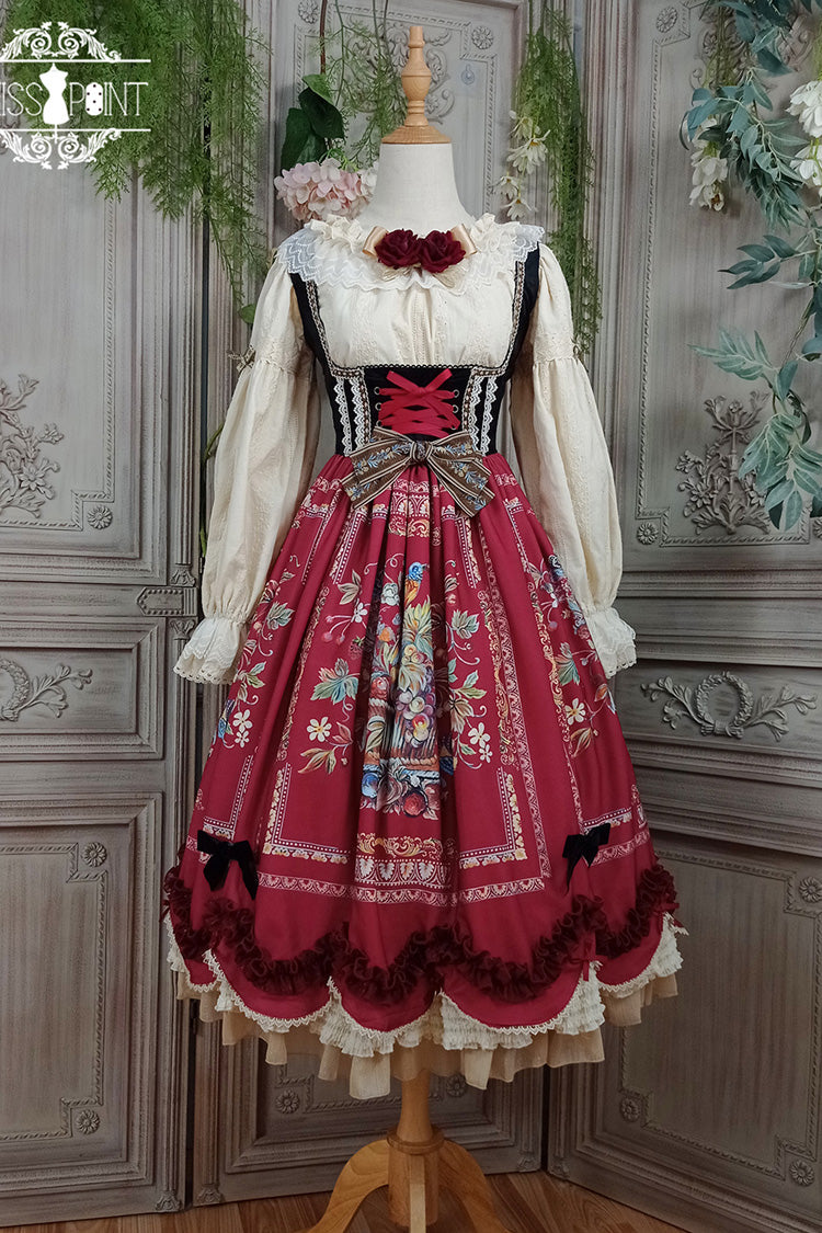 Wine Red Ode to Plenty Berries and Birds Print Ruffle Bowknot Velvet Classic Lolita Breast Support Jsk Dress