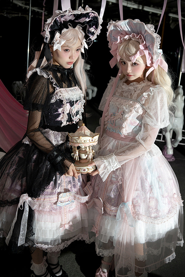 Black/Pink Pegasus Park Multi-Layered Print Ruffle Bowknot Lace Sweet Gorgeous Lolita Jsk Dress
