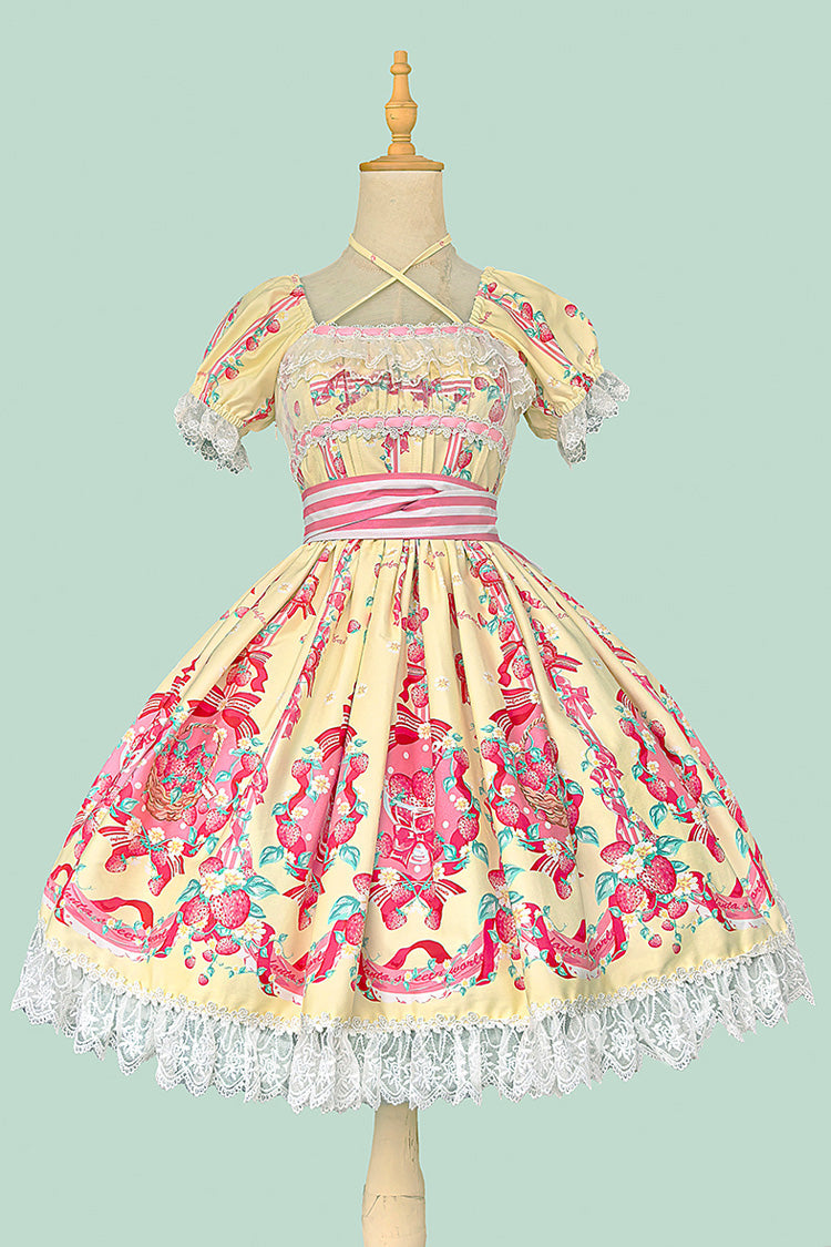 Strawberry Chef Short Sleeves Print Bowknot Lace Sweet Lolita Dress 4 Colors